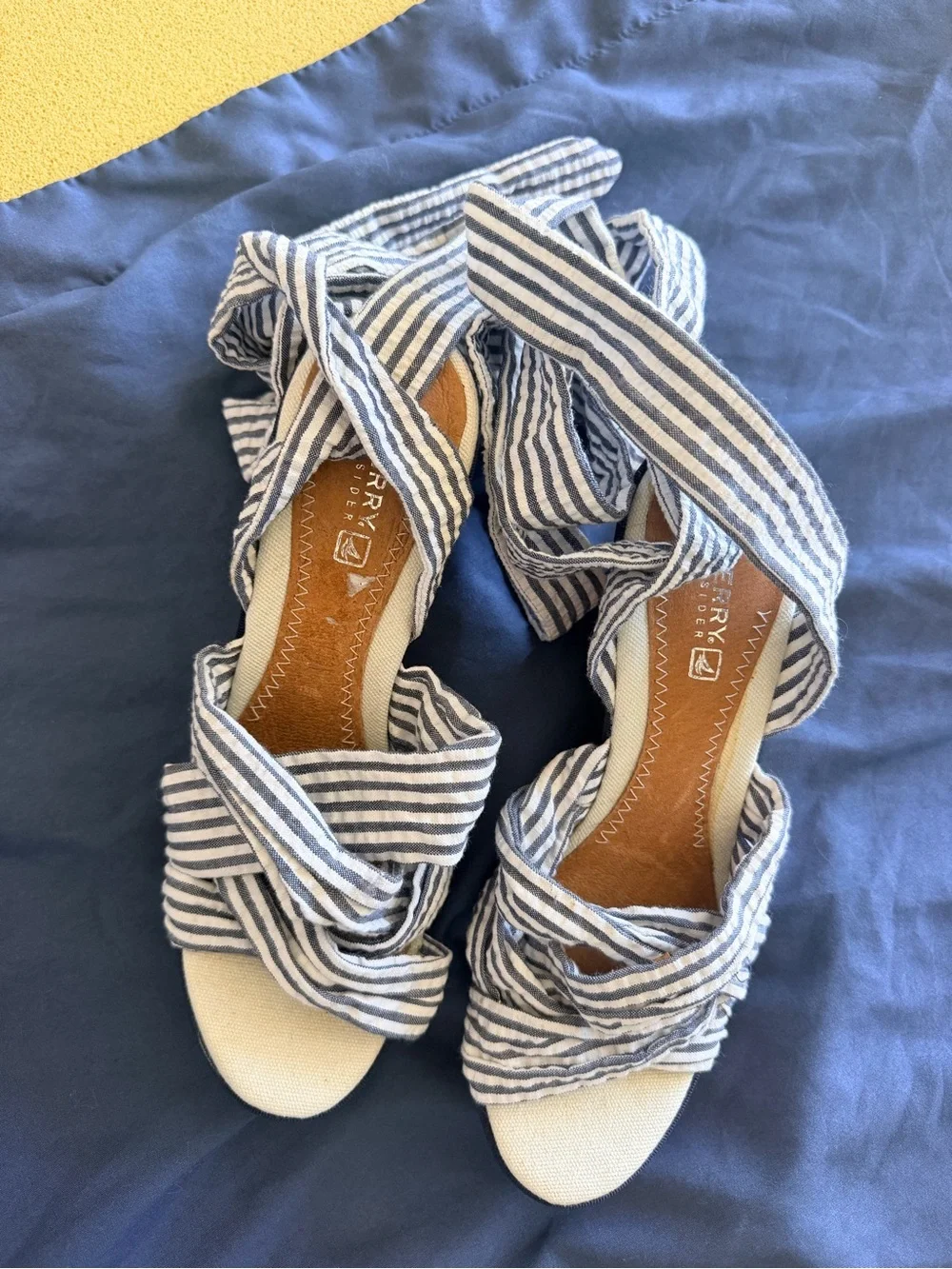 Sperry Striped Wrap Sandal Wedges - Blue/White